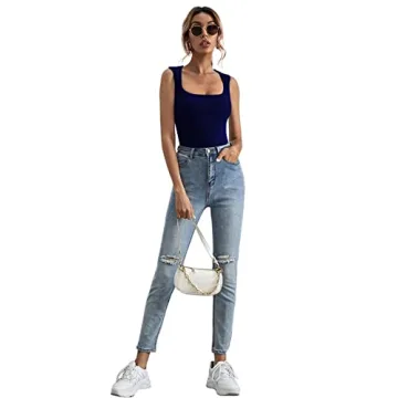 LYANER Women's Casual Square Neck Sleeveless Solid Cami Tank Top Navy Large