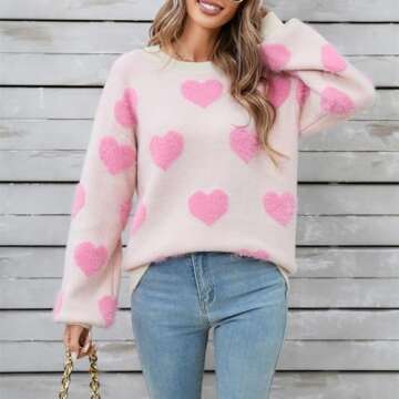 Heart Print Sweater for Women Valentine's Day Long Sleeve Oversized Pullover Sweater Y2K Knit Top Wh...
