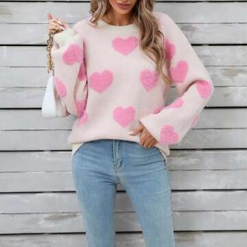 Heart Print Sweater for Women Valentine's Day Long Sleeve Oversized Pullover Sweater Y2K Knit Top White