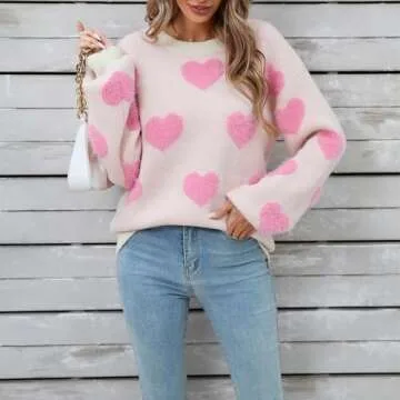 Heart Print Sweater for Women Valentine's Day Long Sleeve Oversized Pullover Sweater Y2K Knit Top White