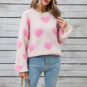 Heart Print Sweater for Women Valentine's Day Long Sleeve Oversized Pullover Sweater Y2K Knit Top White