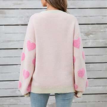 Heart Print Sweater for Women Valentine's Day Long Sleeve Oversized Pullover Sweater Y2K Knit Top White
