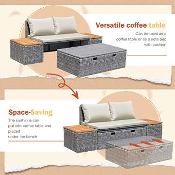 Greesum Patio Furniture Set Multifunctional Outdoor Sectional Sofa Rattan Chaise Lounge Wicker Daybed with Couch, Cushions, Storage Ottoman and 2 Side Tables for Backyard Porch Poolside Lawn, White