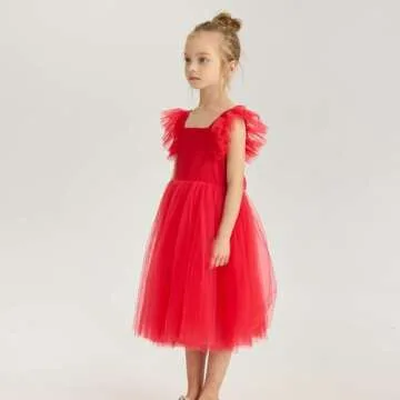 Tutu.kk Little Girls Vintage Party Dress Ruffled Sleeve A-Line Tulle Flower Girl Dresses for Wedding,Birthday Red 4-5 Years