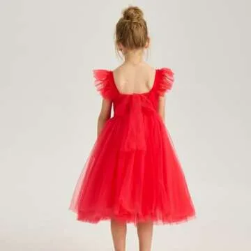 Tutu.kk Little Girls Vintage Party Dress Ruffled Sleeve A-Line Tulle Flower Girl Dresses for Wedding,Birthday Red 4-5 Years