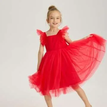 Tutu.kk Little Girls Vintage Party Dress Ruffled Sleeve A-Line Tulle Flower Girl Dresses for Wedding,Birthday Red 4-5 Years