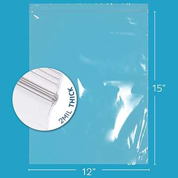 GPI PACK Of 100, 12" x 15" CLEAR PLASTIC RECLOSABLE ZIP BAGS - Bulk 2 mil Thick Strong & Durable Pol...