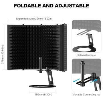 Aokeo Microphone Isolation Shield, Foldable Mic Shield with Triple Sound Insulation, Reflection Filter with 3/8" and 5/8" Mic Threaded Mount for Recording Studio, Podcasts, Singing, and Broadcasting
