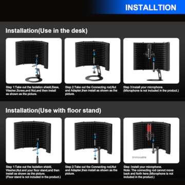 Aokeo Microphone Isolation Shield, Foldable Mic Shield with Triple Sound Insulation, Reflection Filter with 3/8" and 5/8" Mic Threaded Mount for Recording Studio, Podcasts, Singing, and Broadcasting