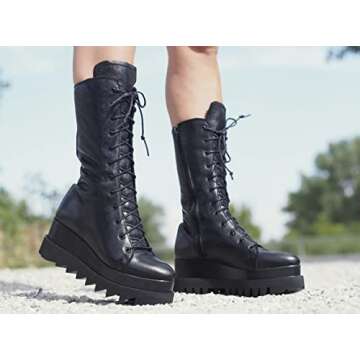 Adrenaline Fashion Genuine Leather Knee High Boots | Comfortable Side Zip Platform Boots | Tall Black Riding Combat Boots Size 5 to 9