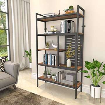 Weehom 5-Tier Adjustable Industrial Bookshelf, Modern Wood Bookcase with Stable Metal Frame, Open St...