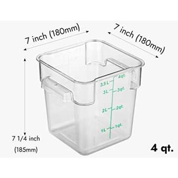CURTA 4 Pack Food Storage Container with Green Lid - NSF Commercial Grade in 4.0 Qt - Square, Clear,...