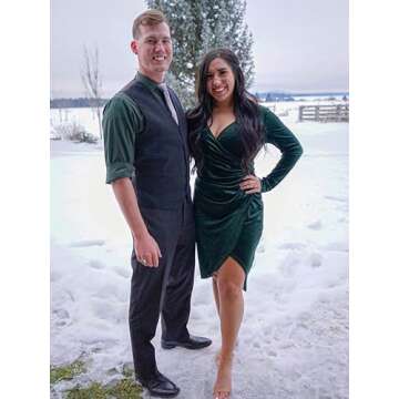 HUHOT Emerald Green Dress for Women Cocktail Wedding Guest Homecoming Velvet Bodycon Midi Long Sleeve Wrap Cocktail New Years Eve Dress