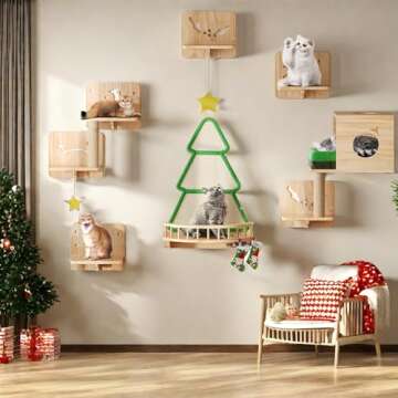 YITAHOME Christmas Solid Wood Cat Wall Shelves and Perches for Wall, Pine Wall Mounted Cat Tree 13 P...