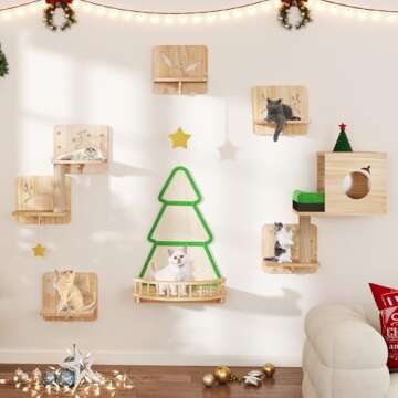YITAHOME Christmas Solid Wood Cat Wall Shelves and Perches for Wall, Pine Wall Mounted Cat Tree 13 Piece Set, Cat Climbing Shelves with House, Mat, Christmas Tree Scratcher, Feeding Bowl for Cats