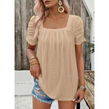 Dokotoo Womens Short Sleeve Tops Hollow Pleated Square Neck Knit Shirts Blouses for Women Spring Sum...