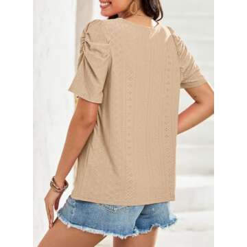 Dokotoo Womens Short Sleeve Tops Hollow Pleated Square Neck Knit Shirts Blouses for Women Spring Summer Top Vacation Outfits Resort Wear for Women 2024 Parchment Large
