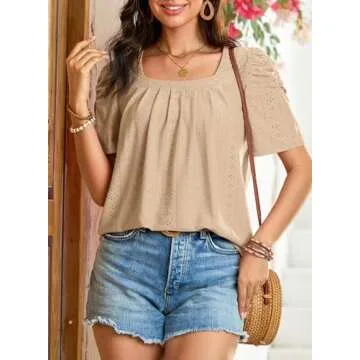 Dokotoo Womens Short Sleeve Tops Hollow Pleated Square Neck Knit Shirts Blouses for Women Spring Summer Top Vacation Outfits Resort Wear for Women 2024 Parchment Large