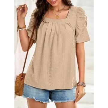 Dokotoo Womens Short Sleeve Tops Hollow Pleated Square Neck Knit Shirts Blouses for Women Spring Summer Top Vacation Outfits Resort Wear for Women 2024 Parchment Large