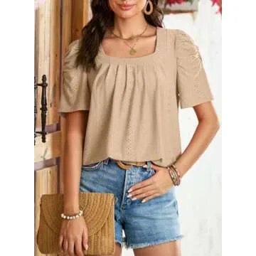 Dokotoo Womens Short Sleeve Tops Hollow Pleated Square Neck Knit Shirts Blouses for Women Spring Summer Top Vacation Outfits Resort Wear for Women 2024 Parchment Large