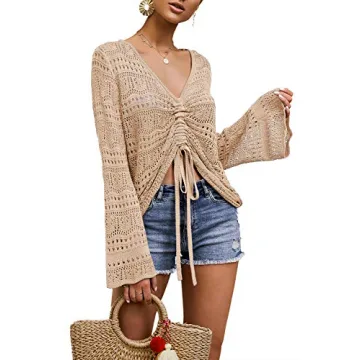 FERBIA Women Crochet Top Beach Cloth Drawstring Shirt Cover Up Oversized Sexy Beachwear Lace Up Tee ...