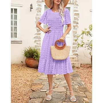 Annebouti 2025 Summer Spring Cute Dresses Women Short Sleeve Light Purple Swing Flowy Beach Smocked ...