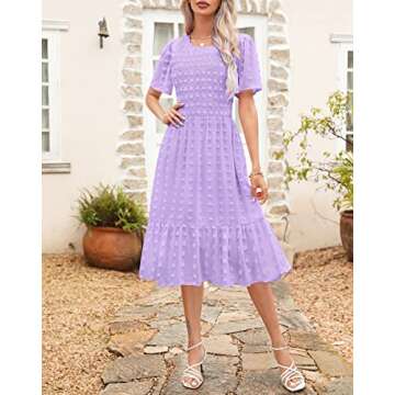 Annebouti 2025 Summer Spring Cute Dresses Women Short Sleeve Light Purple Swing Flowy Beach Smocked Ruffle Tiered Chiffon Swiss Dot Casual Midi Dress Solid Lavender M