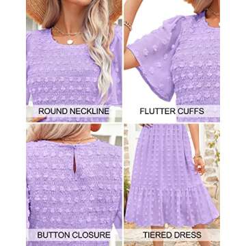 Annebouti 2025 Summer Spring Cute Dresses Women Short Sleeve Light Purple Swing Flowy Beach Smocked Ruffle Tiered Chiffon Swiss Dot Casual Midi Dress Solid Lavender M