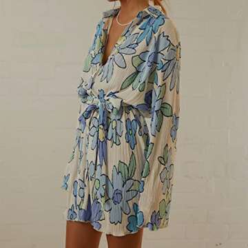 NUFIWI Women Pleated Long Sleeve Mini Shirt Dress Floral Printed Button Short Blouse Dress Summer Ru...