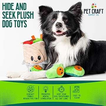 Pet Craft Supply Hide and Seek Plush Dog Toys Crinkle Squeaky Interactive Burrow Activity Puzzle Chew Fetch Treat Hiding Brain Stimulating Cute Funny Toy Bundle Pack - Burrito, for Medium Breeds