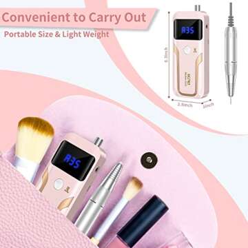 Portable Nail Drill Professional 35000 RPM, MOCOWIND Rechargeable Electric Nail File Machine E File for Acrylic Nails Gel Polishing Removing, Cordless E-file with Bits Kit for Manicure Salon Home,Pink