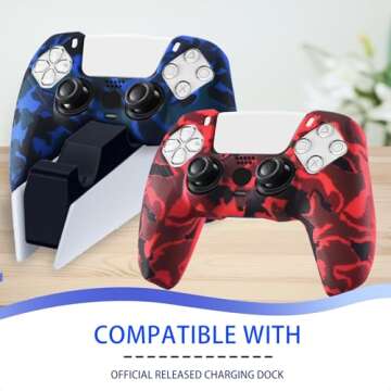 YoRHa Grip Texture Printing Silicone Cover Skin for PS5 Controller x 2(Camouflage Red+Blue) with Pro Thumb Grips x 8