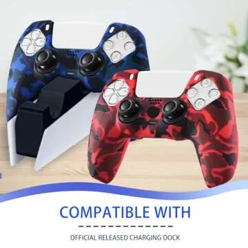 YoRHa Grip Texture Printing Silicone Cover Skin for PS5 Controller x 2(Camouflage Red+Blue) with Pro Thumb Grips x 8