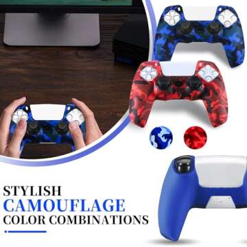 YoRHa Grip Texture Printing Silicone Cover Skin for PS5 Controller x 2(Camouflage Red+Blue) with Pro Thumb Grips x 8