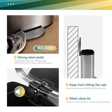 FDW 13 Gallon/50 L Garbage Can Kitchen Trash Can with Lid for Office Bedroom Bathroom Step Trash Bin Fingerprint-Proof Brushed Stainless Steel 13 Gallon / 50 Liter