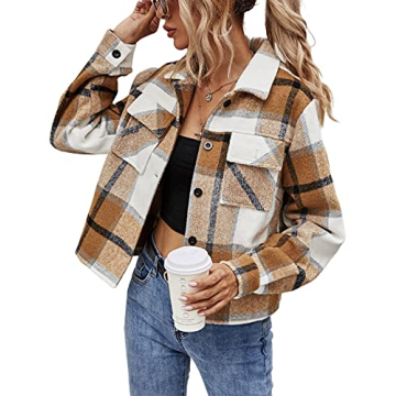 UANEO Women's Cropped Plaid Shacket Button Down Short Flannel Shirt Jacket with Pockets (Khaki-S)