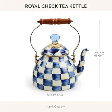MACKENZIE-CHILDS Enamel Tea Kettle, Stylish Tea Kettle for Stovetop, Blue-and-White Royal Check, 2 Quarts