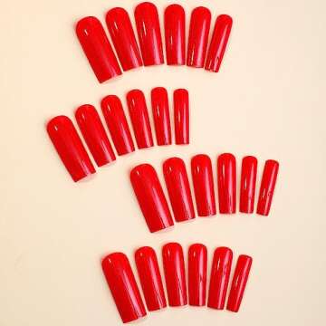 Red Press on Nails Long Square Fake Nails Solid color False Nails with Designs Extra Long Acrylic Nails Reusable Stick on Nails Glossy Artificial Nails for Women Manicure Decorations