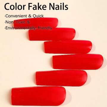Red Press on Nails Long Square Fake Nails Solid color False Nails with Designs Extra Long Acrylic Nails Reusable Stick on Nails Glossy Artificial Nails for Women Manicure Decorations