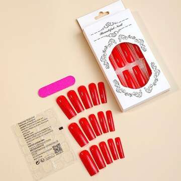Red Press on Nails Long Square Fake Nails Solid color False Nails with Designs Extra Long Acrylic Nails Reusable Stick on Nails Glossy Artificial Nails for Women Manicure Decorations