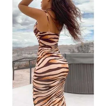 YUYUREAL Women's Striped Tiger Print Cowl Neck Dress Spaghetti Straps Cocktail Sleeveless Zebra Leopard Maxi Dresses(BR,S)