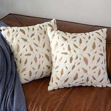 OMMATO Throw Pillows Covers 18 x 18,Set of 2 White Fur with Gold Leaves Soft Throw Pillows for Couch...