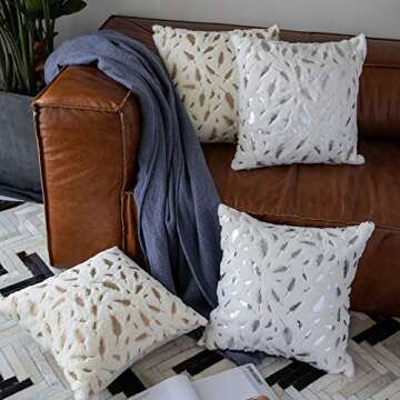 OMMATO Throw Pillows Covers 18 x 18,Set of 2 White Fur with Gold Leaves Soft Throw Pillows for Couch Bed,Accent Home Decorative Square Cushions Cases Shams Pillowcases Farmhouse,45 x 45 CM