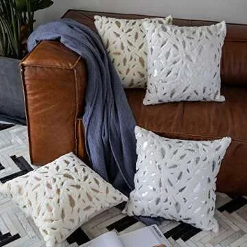 OMMATO Throw Pillows Covers 18 x 18,Set of 2 White Fur with Gold Leaves Soft Throw Pillows for Couch Bed,Accent Home Decorative Square Cushions Cases Shams Pillowcases Farmhouse,45 x 45 CM