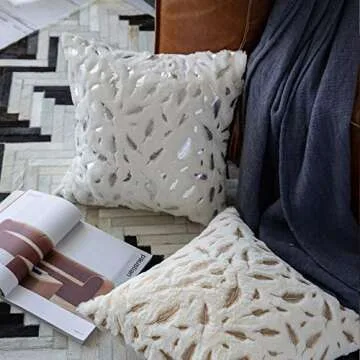 OMMATO Throw Pillows Covers 18 x 18,Set of 2 White Fur with Gold Leaves Soft Throw Pillows for Couch Bed,Accent Home Decorative Square Cushions Cases Shams Pillowcases Farmhouse,45 x 45 CM