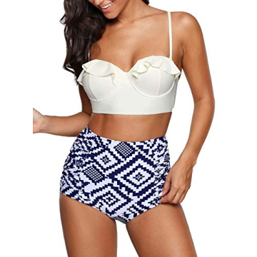 Ruffle Vintage High Waist Bikini Strappy Push Up Beige Plaid Beachwear BgTPB4