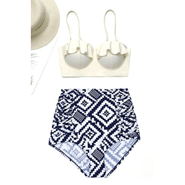 Ruffle Vintage High Waist Bikini Strappy Push Up Beige Plaid Beachwear BgTPB4