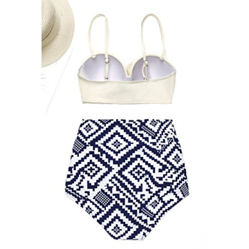 Ruffle Vintage High Waist Bikini Strappy Push Up Beige Plaid Beachwear BgTPB4