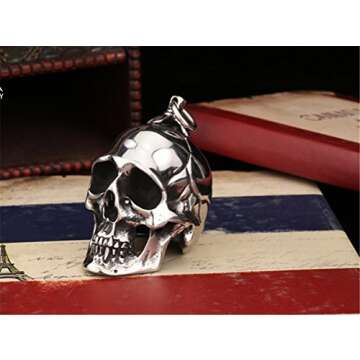 PAURO Men's Stainless Steel Gothic Biker Skull Pendant Necklace Punk Rock Silver Black Vintage Medium