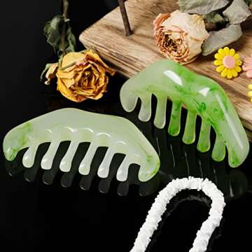 Geiserailie 2 Pieces Jade Combs Massage Stone Hair Gua Sha Scraping Scalp Comb Facial Massage Tool Multifunctional Handheld Head Tools Head Caring Head Therapy Mother's Day Gift(Elegant Style)